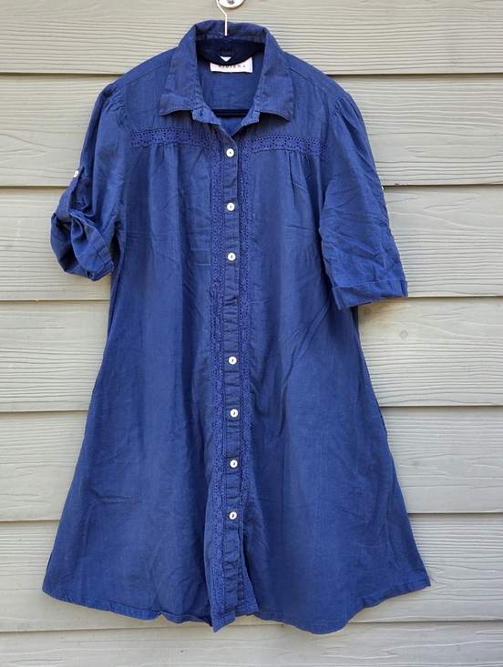 Margaux Riviera Dresses & Skirts - Margaux Riviera Blue Viscose Shirt Dress Eyelet Lace Trim Button Front Sz M/L